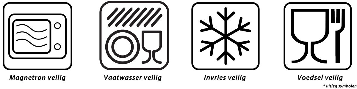 Symbolen voor magnetron, vaatwasser, invries en voedselveilig.
